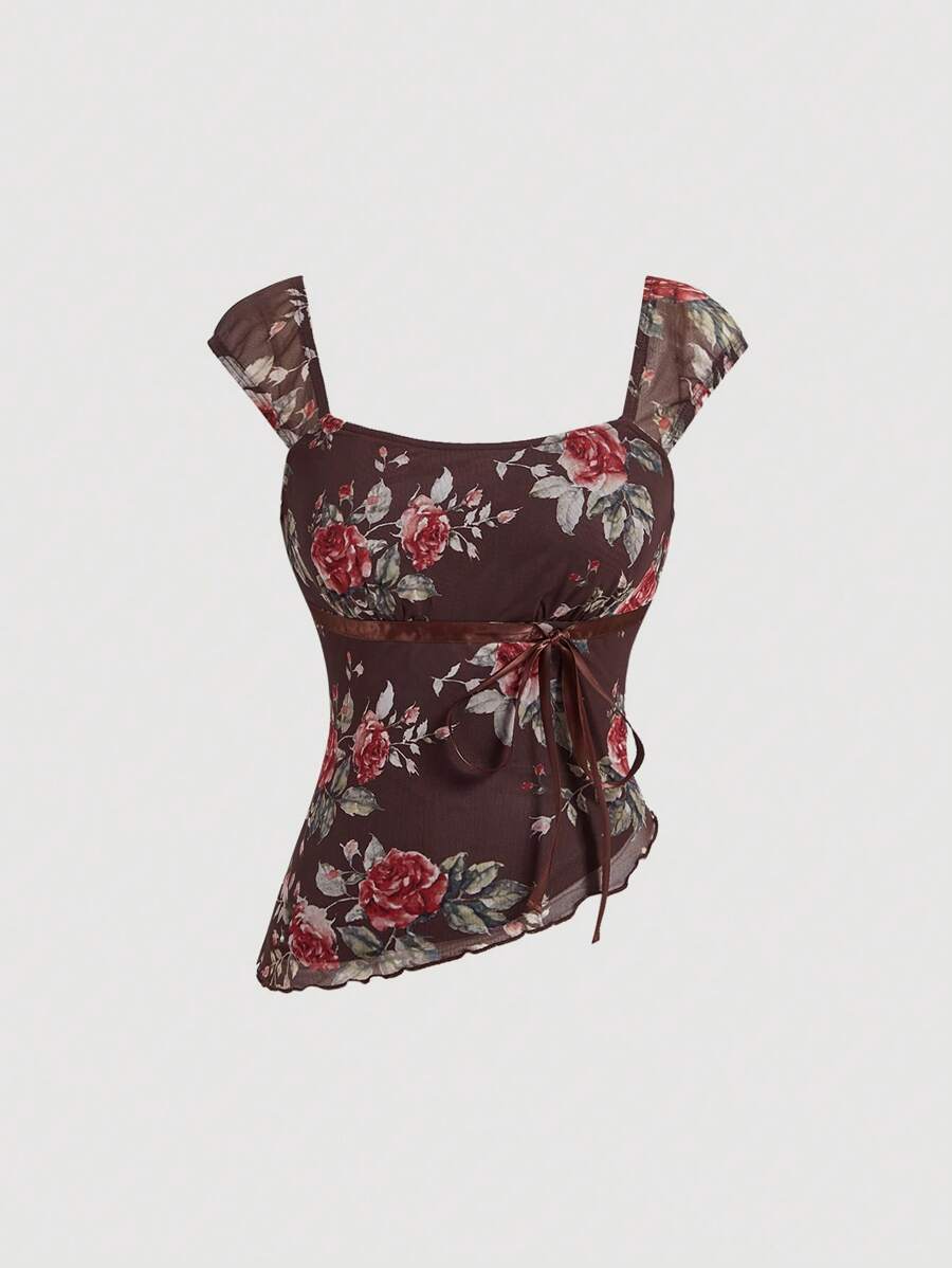 SHEIN MOD 女士不对称对比波浪下摆低 V 领吊带背心，配蝴蝶结缎带装饰 - 棕色 - 查看 1