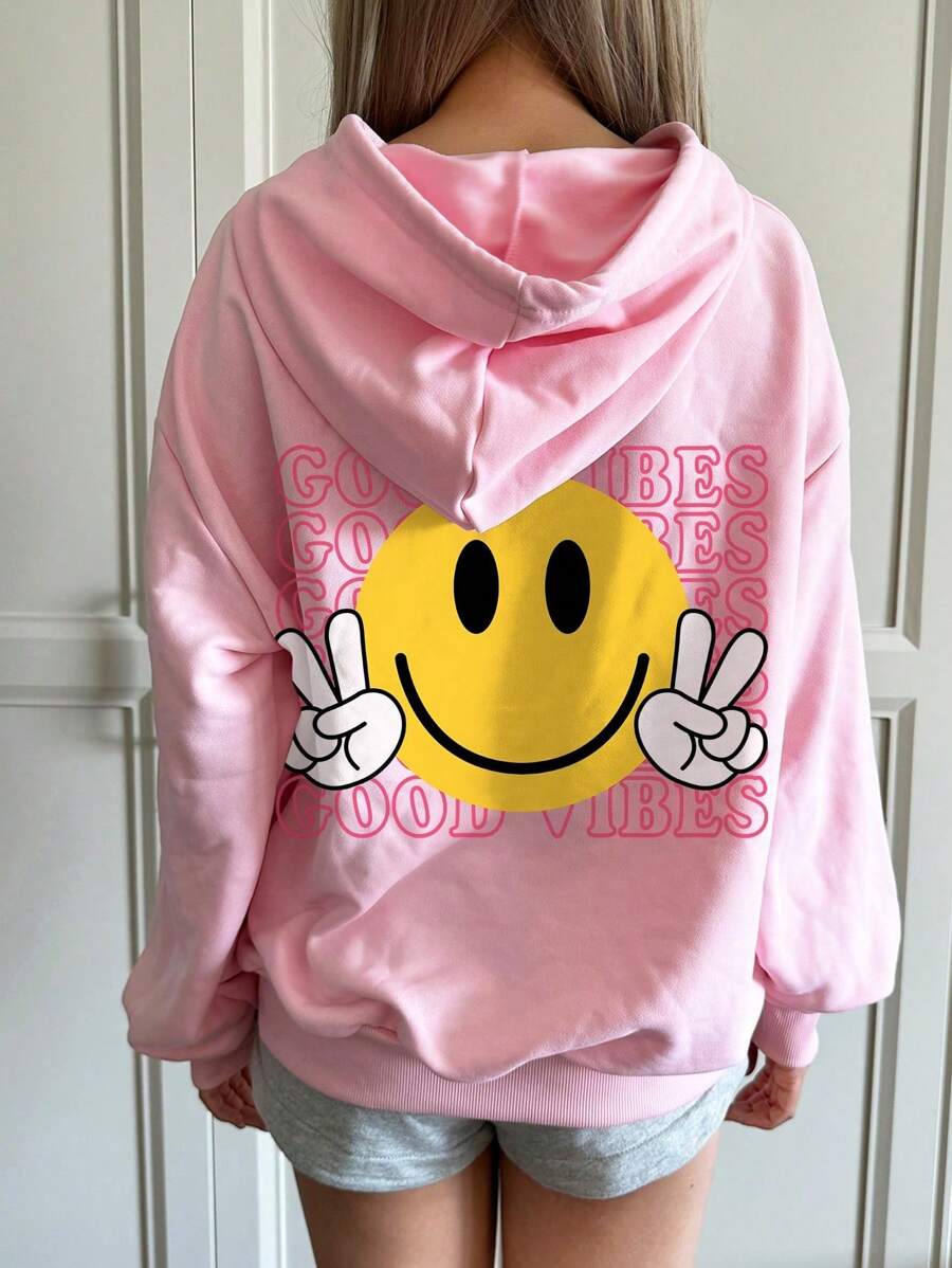 Muchica Women's Casual Minimalist Smiling Face Print Loose Fit Hooded Lightweight Pullover Sweatshirt In Pink, Fall/Winter - Baby Pink - View 1