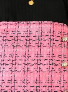 SHEIN Elladie kids 年轻女孩格子印花前扣长袖夹克搭配黑色长袖上衣和迷你裙优雅套装 - 粉色 - 查看 4