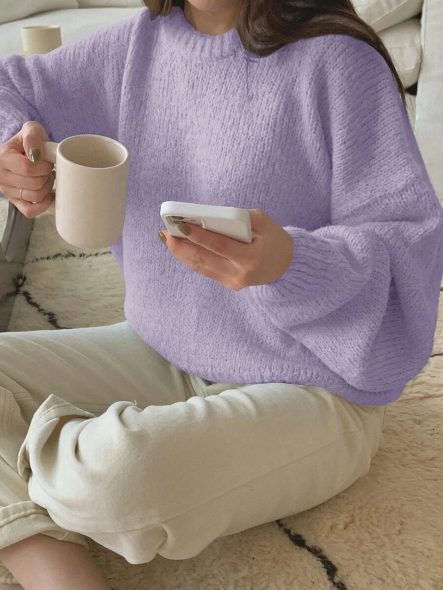 DAZY 秋冬宽松纯色落肩毛衣，秋季女装 - 紫丁香色 - 查看 1