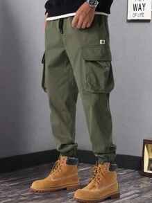 Manfinity Roghcode Men's Casual Solid Color Drawstring Waist Cargo Pants - Army Green - View 5