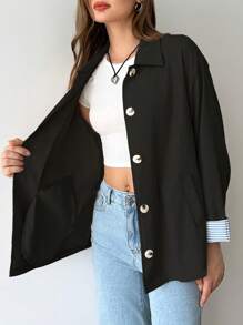 SHEIN Unity Chaqueta informal de mujer de longitud midi oversize con bloques de color y rayas - Negro - Ver 7