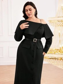 Modelyn Vestido Longo de Festa Casual com Botões na Frente, Bolso, Manga Longa e Ombro Assimétrico, Cor Sólida, Plus Size