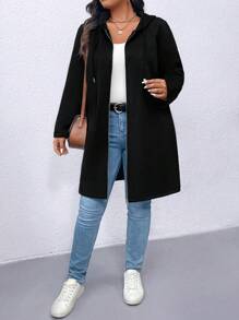 SHEIN LUNE 加大码纯色长袖前拉链简约连帽外套，休闲日常穿着 - 黑色 - 查看 3