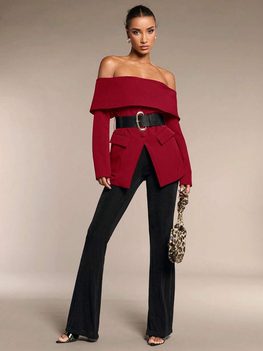 SHEIN BAE 女士时尚露肩西装外套 含腰带 露肩冬季女士外套 商务女装 冬季女装 职业上衣 冬季女士服装 女士西装外套 - 酒紅色 - 查看 1