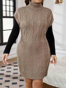 SHEIN LUNE Plus Size High Neck Solid Color Elegant Sleeveless Sweater Dress - Khaki - View 3