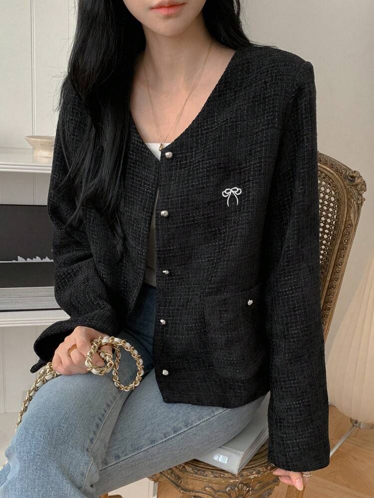Women's Bow Embroidery Front Button Elegant Long Sleeve Jacket