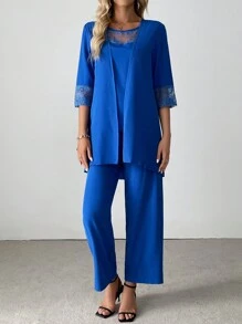SHEIN LUNE Conjunto casual de 3 piezas para mujer: chaqueta de manga media en unicolor, blusa con empalmado de encaje y pantalones - Azul - Ver 5