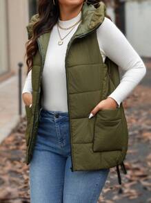 Calvaya Plus Size Solid Color Hooded Vest With Pockets, Autumn & Winter Clothes