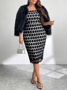 SHEIN Privé Đầm ôm body tay bèo ren cỡ lớn - màu đen - Xem 6