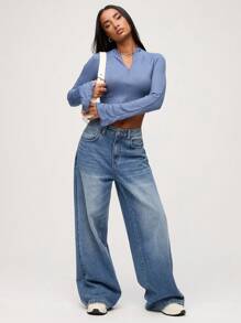 SHEIN BASICS Women's Casual Solid Color V-Neck Long Sleeve Cropped Fitted Sweater - Dusty Blue - View 5