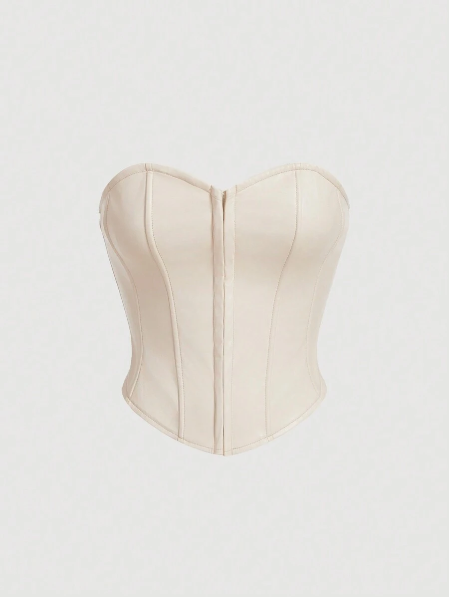 SHEIN MOD Solid PU Leather Bustier Tube Beige Breast Cup Waist Shaping Corset Top - Beige - View 1