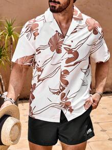 Manfinity Swimmode Heren Turndown Collar Allover Print Korte Mouw Top En Trekkoord Voorkant Shorts Strandset