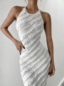 Roylia Đầm bodycon không tay màu tương phản thường ngày xếp ly cho nữ - Màu be - Xem 2