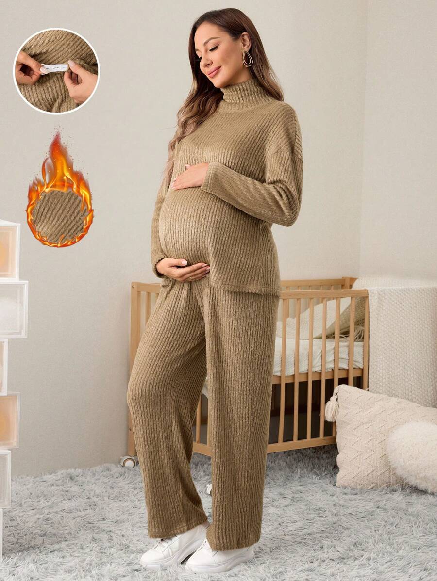 SHEIN Bộ quần áo bà bầu 2 món - Áo hoodie cổ cao dài tay & Quần ống rộng có thể điều chỉnh eo, Thu Đông - Cà phê nâu - Xem 1