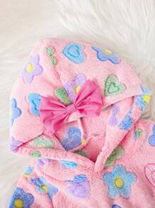 SHEIN 女婴冬季保暖羊毛连帽爱心与花朵图案印花长袖休闲连衣裙 - 粉色 - 查看 3