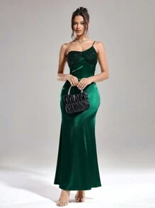 SHEIN Belle Women's Solid Color Spaghetti Strap Sequin Decoration Long Cocktail Dress, Prom Semi Formal Dress, For Birthday, Wedding Guest, Graduation, Dinner, Homecoming, Christmas