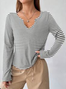 SHEIN EZwear Women's Striped V-Neck Long Sleeve Basic Loose Fit T-Shirt For Fall/Winter
