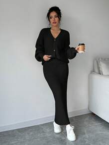 Selianne 女式纯色长袖单排扣开衫和针织 A 字中长裙休闲两件套，秋冬