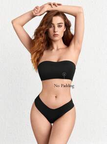 Ocili Leisure Extremely Stretchy & Smooth Non-Removable Padding Mini Tube Top Bras & Panty Sets-Black - Black - View 3