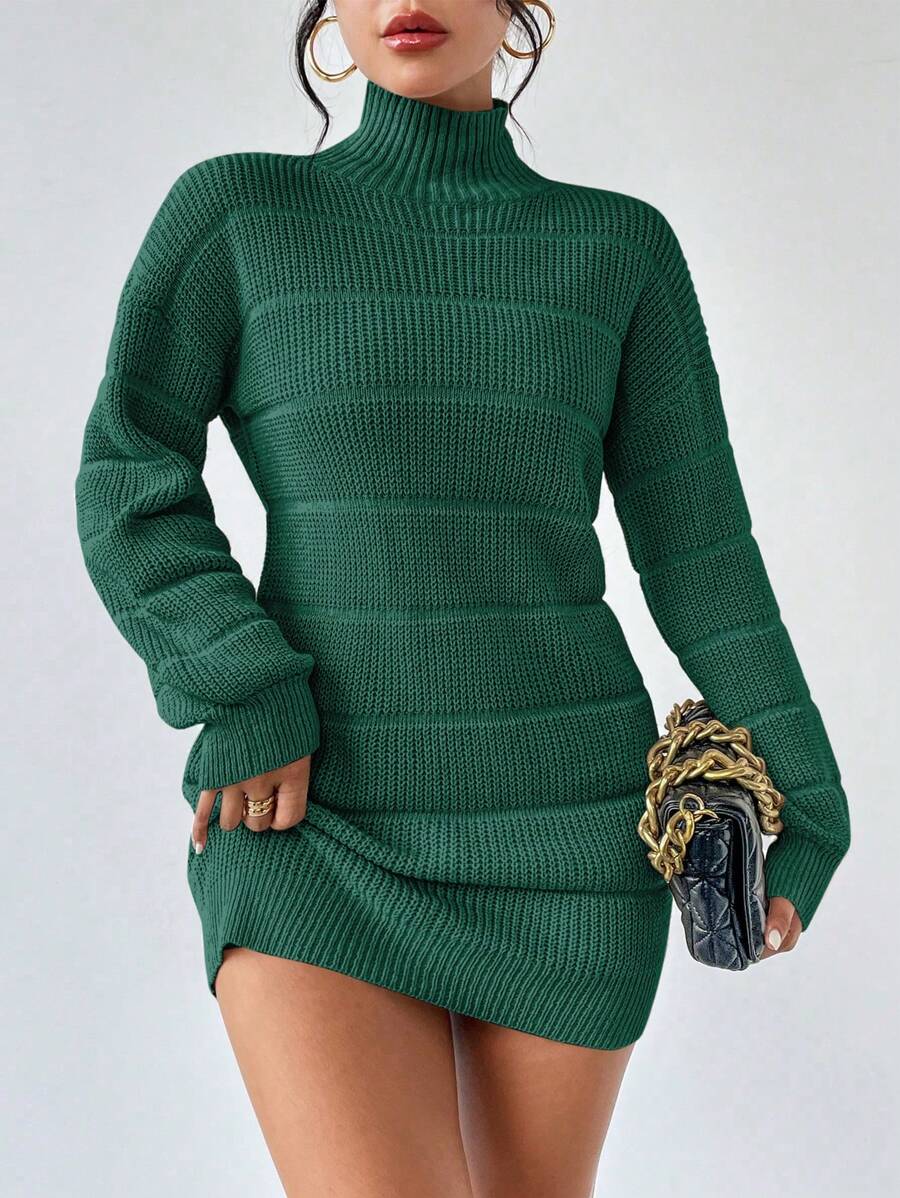 Rafferiza Textured Solid Color Turtleneck Long Sleeve Sweater Dress Fall Winter Cloth For Women - Green - View 1