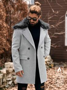 Manfinity Homme Men's Mid-Length Detachable Furry Collar Fall Winter Gary Overcoat, Old Money - Grey - View 2
