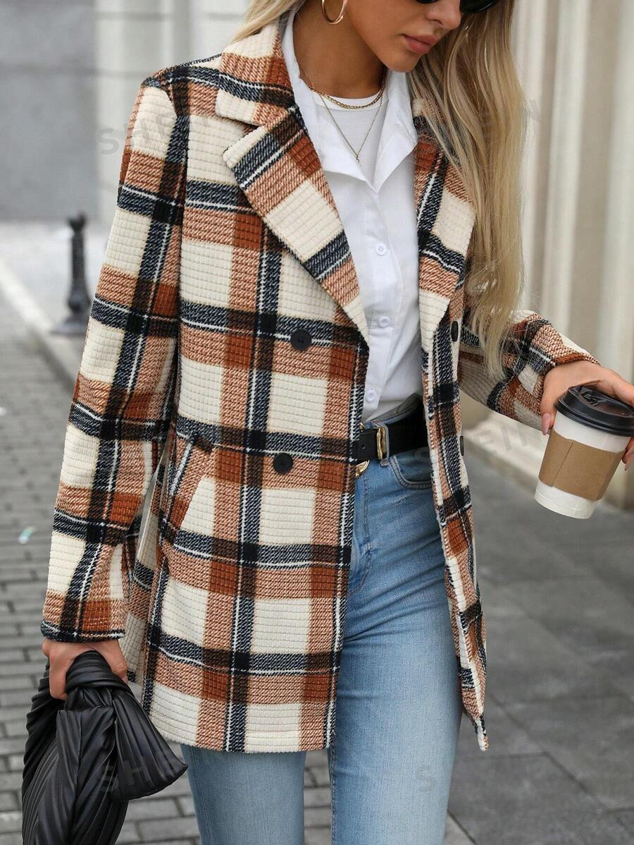 SHEIN LUNE Chaqueta casual y cálida de estilo vintage con textura de pana, cuello vuelto a cuadros, para uso diario y trayecto