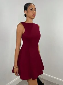 SHEIN BAE Women's Solid Color Elastic Waist A-Line Midi Dress, For Elegant Occasions, Autumn,Elegant Dresses For Party - Burgundy - View 5