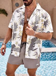 Surfspeed Men's Vacation Style Short Sleeve Shirt And Solid Color Shorts 2-Piece Beachwear Set