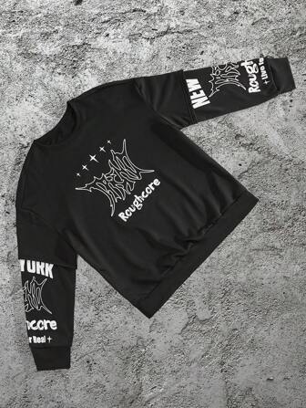 Manfinity Roughcore Günlük Erkek Büyük Beden Mektup Baskılı Mürettebat Yaka Uzun Kollu Sonbahar Sweatshirt