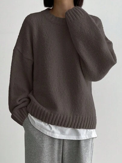 DAZY 纯色圆领长袖简约超大毛衣，休闲日常装，秋季女装