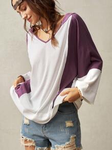 Bohemela 女士休闲针织拼色 V 领露背 3/4 袖宽松 T 恤