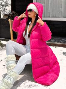 Flirla Abrigo acolchado con capucha de manga larga y unicolor simple para uso diario talla grande, ropa de invierno - Agua verde azul - Ver 3