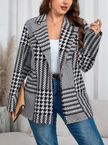 SHEIN Clasi Plus Women Elegant Houndstooth Long Sleeve Fitted Blazer For Women Winter, Office Wear , Business ,Casual - Black and White - View 1