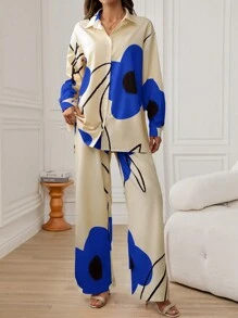 SHEIN LUNE 2 件套女士休闲花卉印花长袖衬衫套装，返校季 - 藍色 - 查看 4