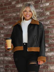 SHEIN LUNE Plus Size Stand Collar Zipper Contrast Color Long Sleeve Casual Fashion Jacket Thanksgiving Outfit/Leather Jacket Plus Size /Hollowed Costumes Holiday Outfit