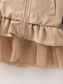 Elladie kids Young Girl Casual Army Green Mesh Panel Bomber Jacket, Fashionable Spring Autumn - Khaki - View 3