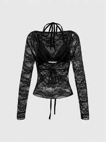 ROMWE Goth Conjunto de lencería de 2 piezas con top de cuello pronunciado de encaje y bikini de encaje con estilo Y2K sexy para dama
