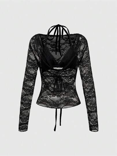 Goth Ensemble de lingerie 2 pièces avec Top à encolure plongeante en dentelle et bikini en dentelle, Y2K sexy