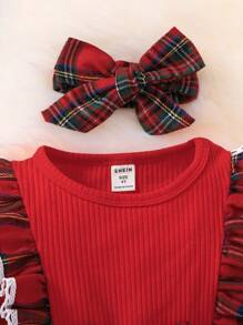 SHEIN Cô Gái Trẻ In Tartan Viền Ruffle Nơ mặt trước Đầm Với băng đô Đối với Giáng sinh - Đỏ - Xem 3
