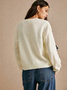 Poéselle White Bow Sweater Cardigan,Casual Bow Decor Knitted Cardigan, Fall Women Clothes,Winter Women Clothes,Black Stereoscopic Bow Decorated Cardigan Sweater,Warm And Comfortable, Suitable For Daily Street, Commute, Holiday, Home Wear FW24