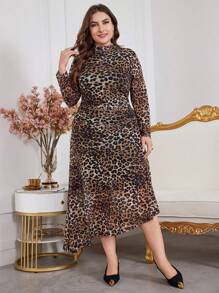 Modelyn Plus Size Women's Stand Collar Long Sleeve Leopard Print Long Elegant Dress, Elegant A Line Dresses, For Evening Party/Wedding Guest/Anniversary Long Evening Dresses - Multicolor - View 4