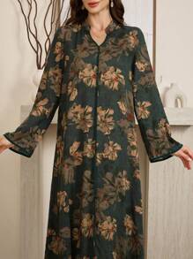 Al Najma Vestido elegante de estilo árabe con estampado floral, cuello en V y manga larga, vestido maximodesto de línea A, para uso casual diario/en casa/al aire libre