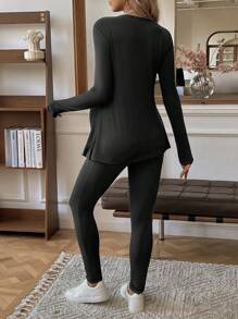 SHEIN 2pcs Maternity Solid V-Neck Long Sleeve Top And Pants Set - Black - View 2