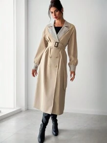 SHEIN Privé 1 件优雅格子印花腰带设计长袖双排扣风衣，秋冬款 - 卡其色 - 查看 7