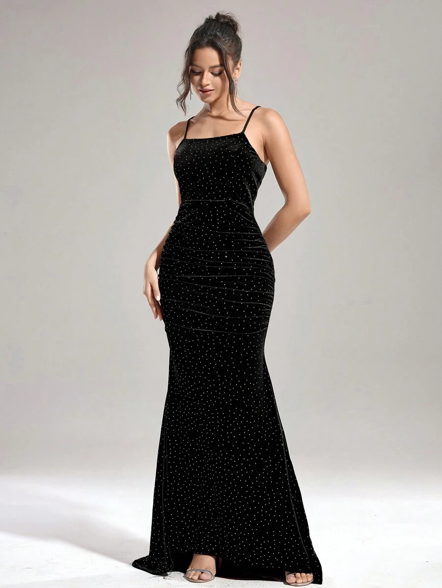 SHEIN Belle 女士水钻装饰美人鱼下摆正式晚礼服，黑色优雅舞会礼服，适合婚礼嘉宾、毕业典礼、晚宴 - 黑色 - 查看 1