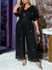 SHEIN Privé 加大码 舒适优雅 派对 闪亮 褶皱 宽松 系带 连体衣 黑色 - 黑色 - 查看 6