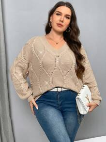 SHEIN Privé Plus Size Women V-Neck Long Sleeve Apricot See-Through Hollow Out Twisted Texture Beaded Sweater Top