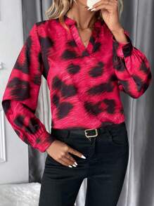 SHEIN Clasi Áo dài tay họa tiết da báo đỏ cho nữ, mùa thu và đông - Đỏ - Xem 5