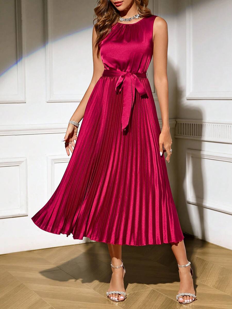 SHEIN Clasi Women's Solid Color Round Neck Sleeveless Pleated Hem Elegant Mid-Length Dress - Burgundy - View 1